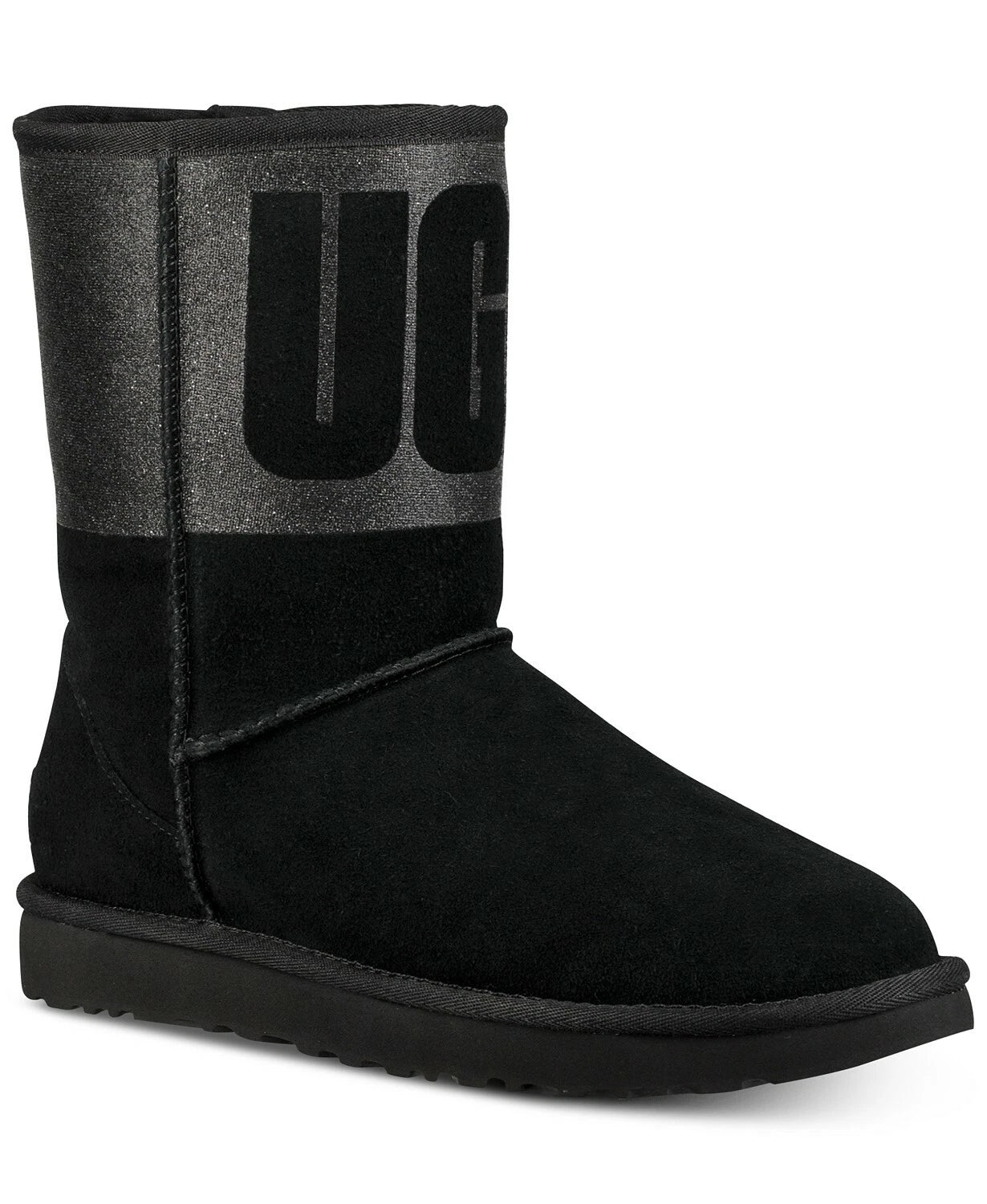 Black UGG boot with logo on a white background