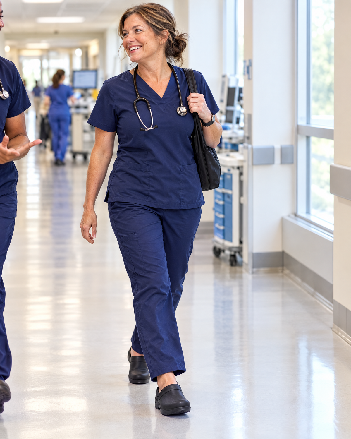 Nurse walking a hospital hallway in black Dansko Professional clogs