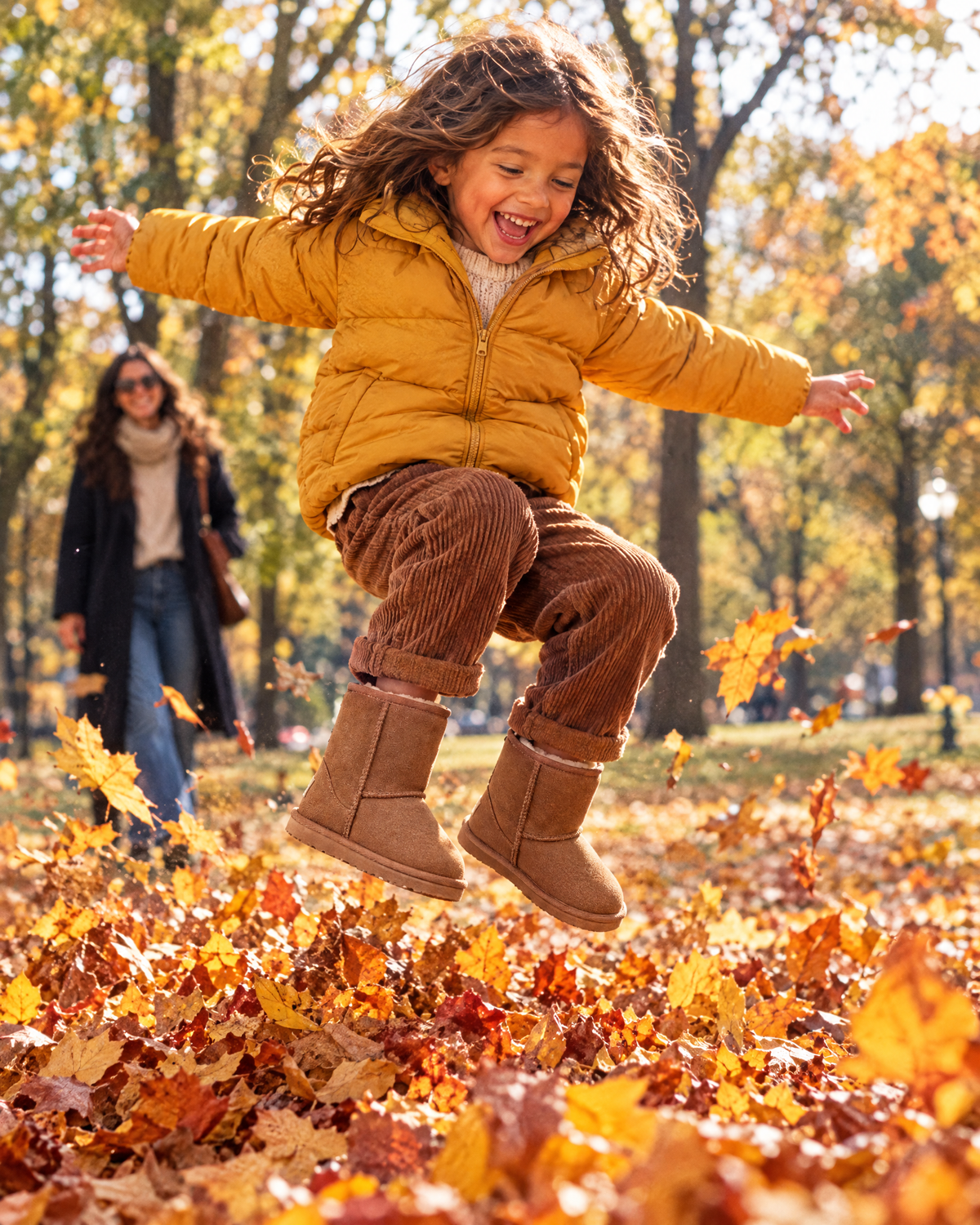 Child jumping in fall leaves in Prospect Park wearing UGG kids' Classic boots